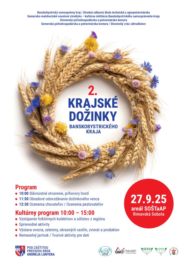 Plagát 2. krajských dožiniek Banskobystrického samosprávneho kraja, 27. 9. 2025 v areáli SOŠTaAP Rimavská Sobota