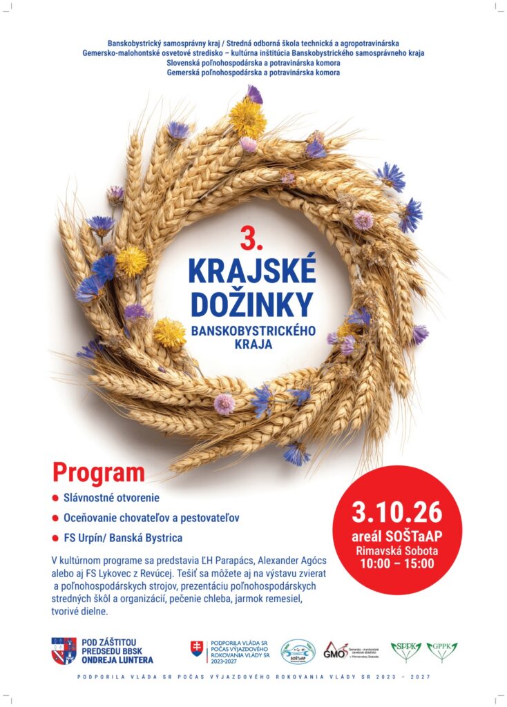 Plagát 3. krajských dožiniek Banskobystrického kraja, 3. 10. 2026 v areáli SOŠTaAP Rimavská Sobota