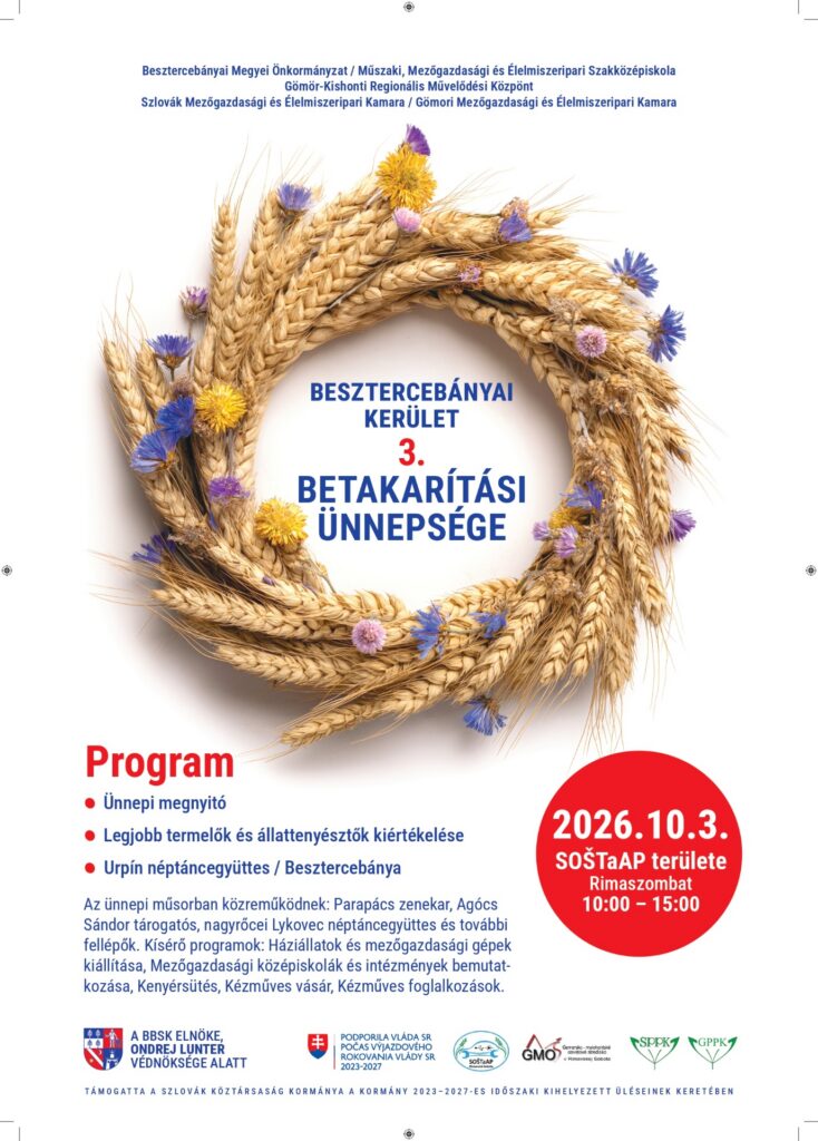 A Besztercebányai kerület 3. betakarítási ünnepségének plakátja, 2026. október 3., SOŠTaAP területe, Rimaszombat